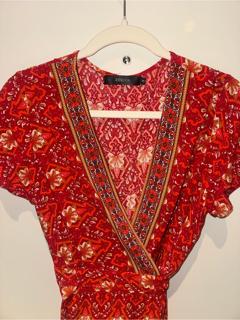 Red Floral Wrap Maxi Dress with Short Sleeves - Picture 3 of 4